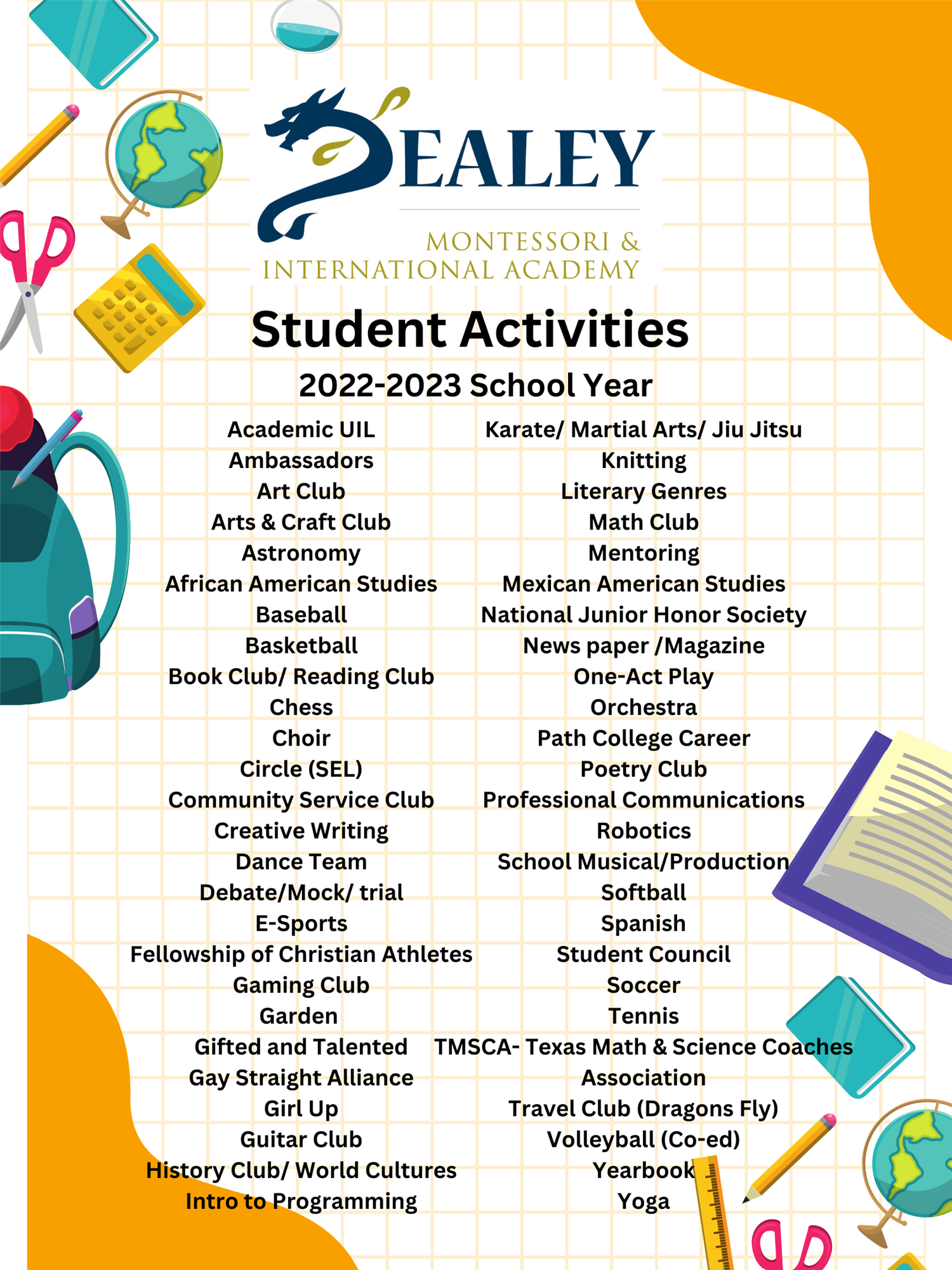 List of current school year activities